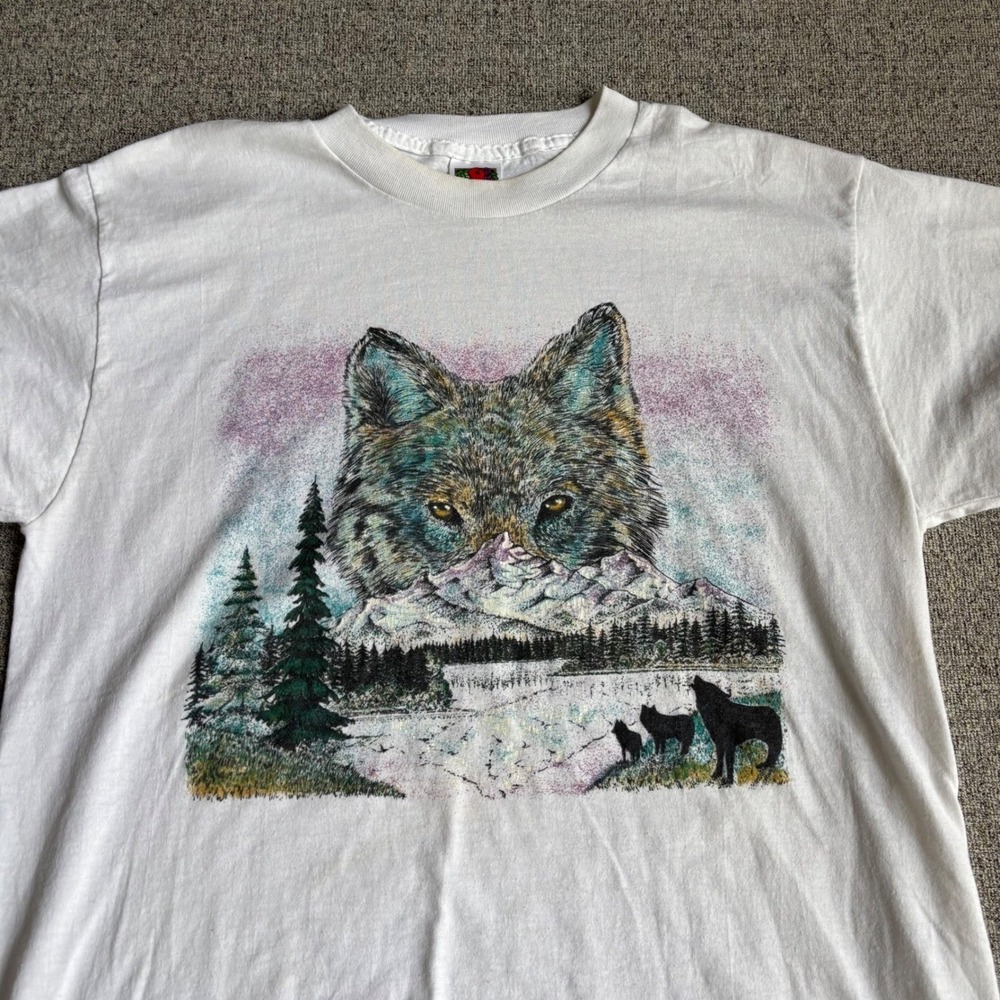 Vintage Fruit‎ of the Loom Wolf Mountain Graphic T-Shirt White Mens Large 90s